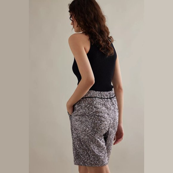NEW Maeve Size L, Women's Sequin Longline Shorts - Silver - Picture 4 of 8